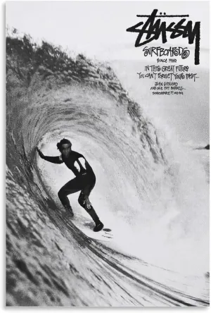 Stussy Vintage Surf Poster, Black and White, 16x24inch, Canvas Wall Art Poster, Living Room, Bedroom Decor