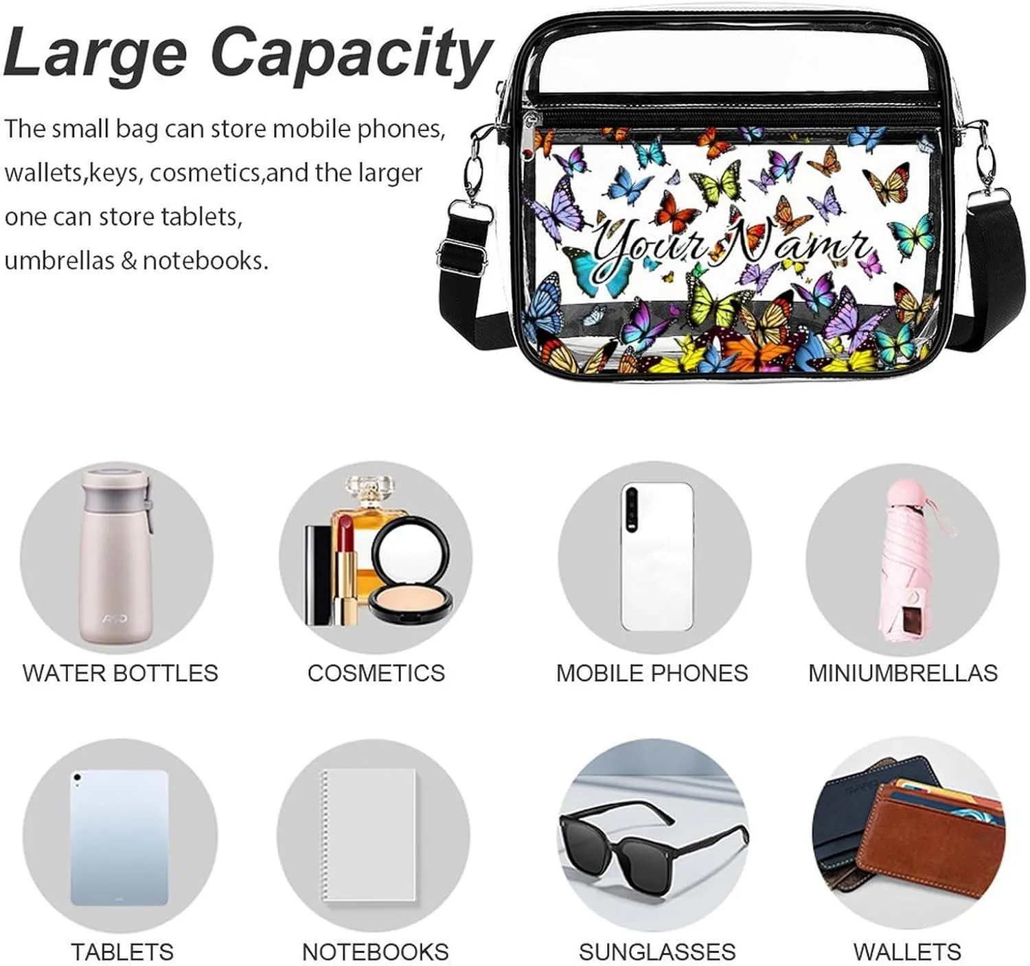 Stylish Butterfly Clear Crossbody Bag - PVC Butterflies Transparent Messenger Bag for Work, Travel and Daily Use