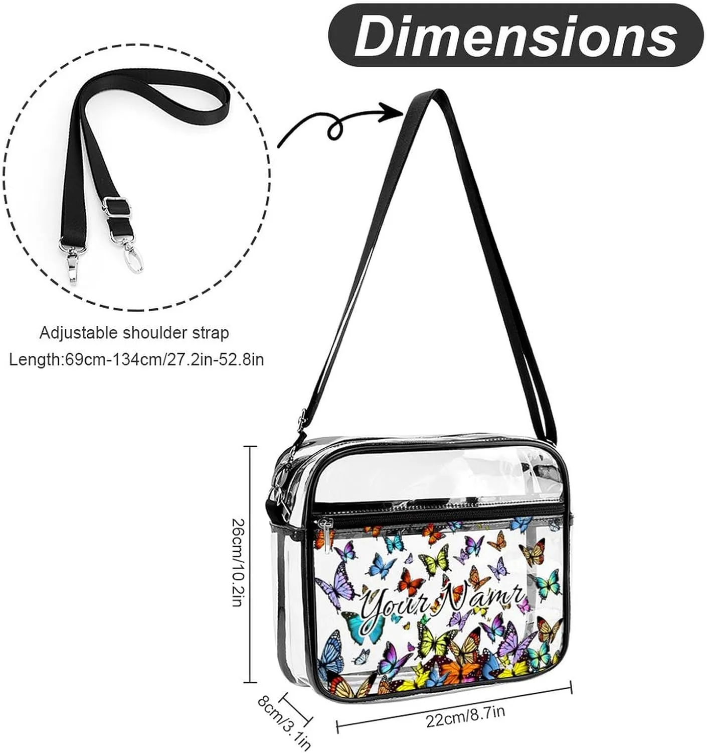 Stylish Butterfly Clear Crossbody Bag - PVC Butterflies Transparent Messenger Bag for Work, Travel and Daily Use