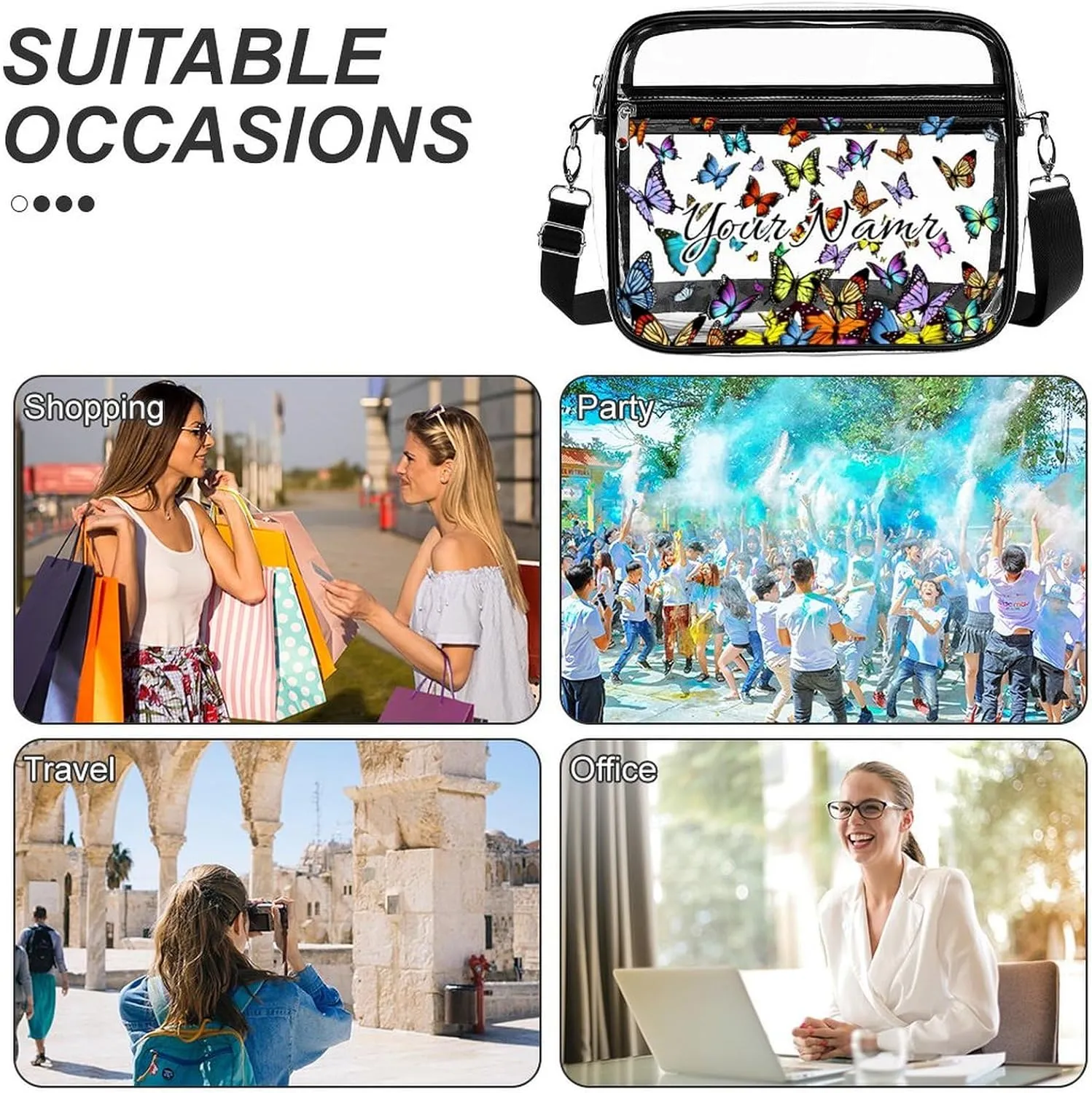 Stylish Butterfly Clear Crossbody Bag - PVC Butterflies Transparent Messenger Bag for Work, Travel and Daily Use