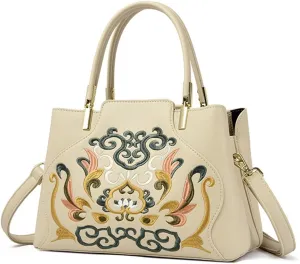Stylish Embroidery Genuine Leather Satchel Handbag for Women - Top Handle Crossbody Tote Shoulder Bag (Cyan)