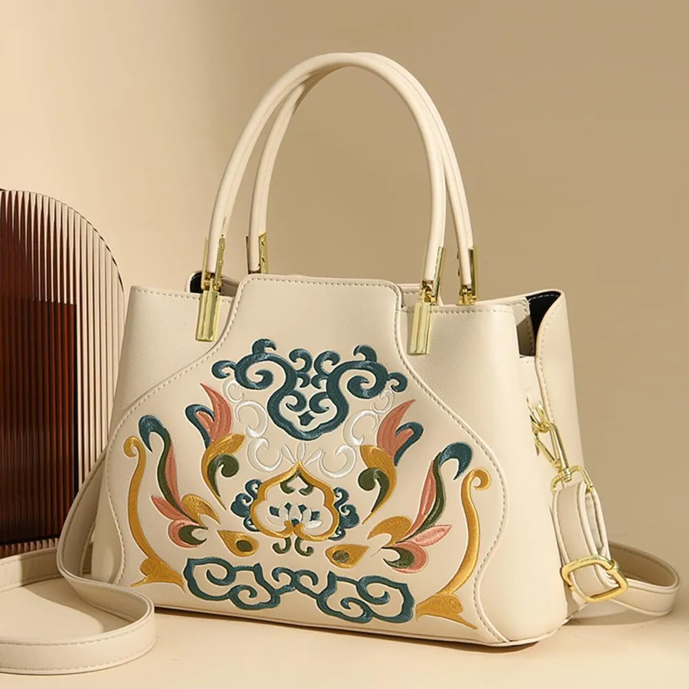 Stylish Embroidery Genuine Leather Satchel Handbag for Women - Top Handle Crossbody Tote Shoulder Bag (Cyan)