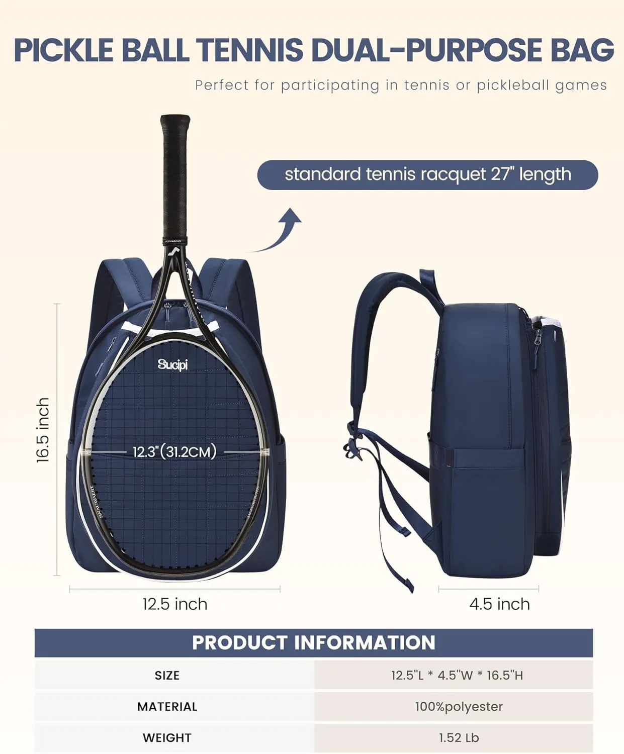 Sucipi Tennis Bags for Women, Quilted Tennis Racket Bag Backpack for Tennis Racquet, Pickleball Paddles, Badminton