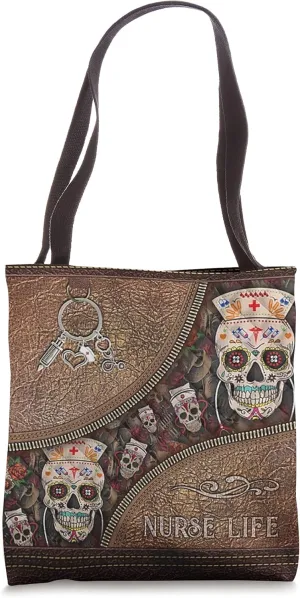 Sugar Skull Nurse Life Flower Skull Zipper-Leather-Bag Lover Tote Bag