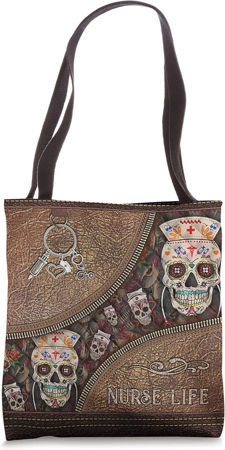 Sugar Skull Nurse Life Flower Skull Zipper-Leather-Bag Lover Tote Bag