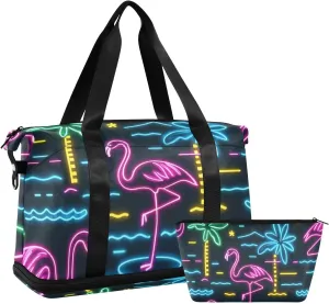Summer Neon Flamingo Coconut Tree Duffel Bag Overnight Carry On Tote and Luggage with Toiletry Bag for Yoga Foldable