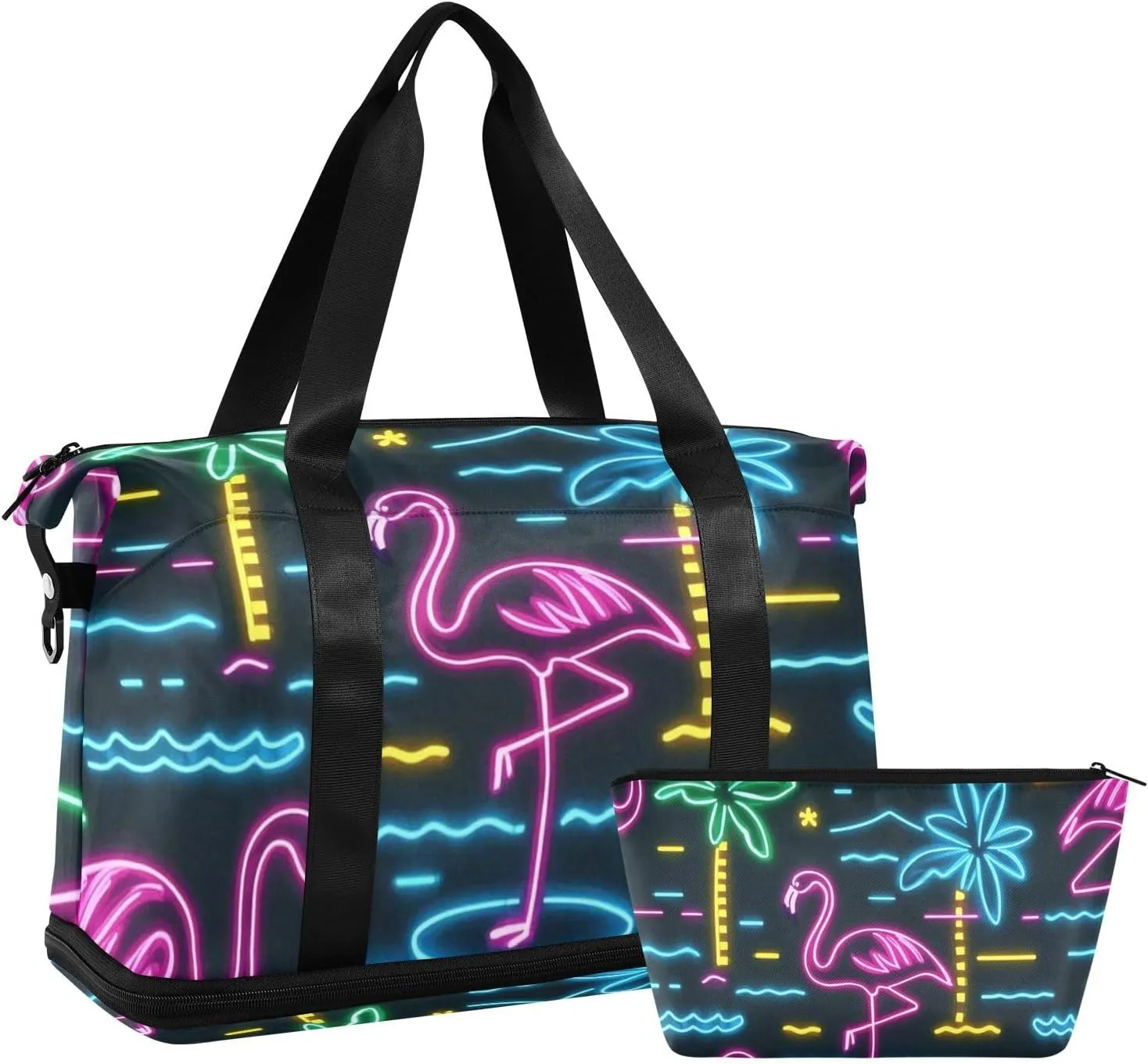 Summer Neon Flamingo Coconut Tree Duffel Bag Overnight Carry On Tote and Luggage with Toiletry Bag for Yoga Foldable