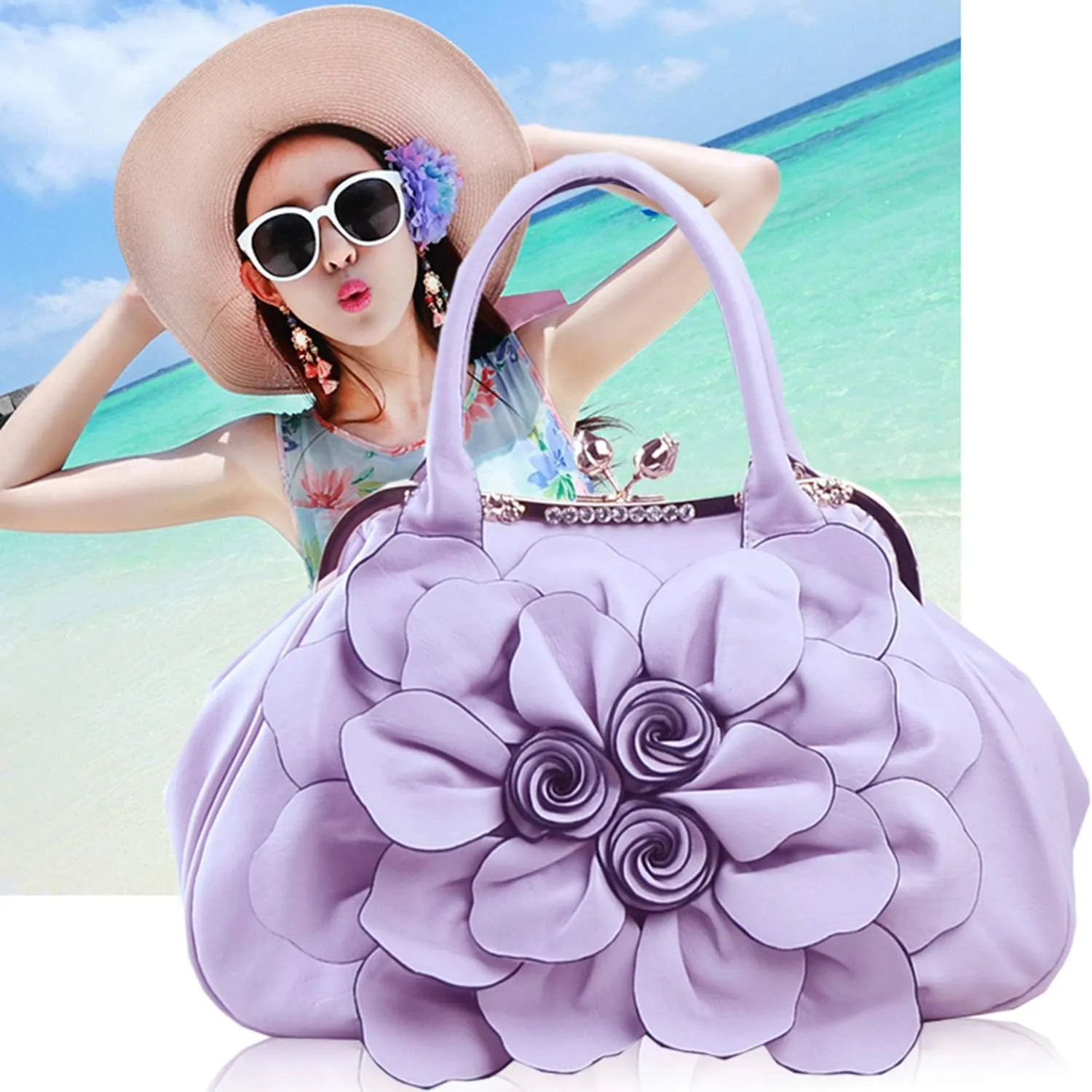 SUNROLAN Women's Handbags 3D Flower Seris Evening Bags PU Leather Rhinestone Crossbody Bag with Detachable Strap