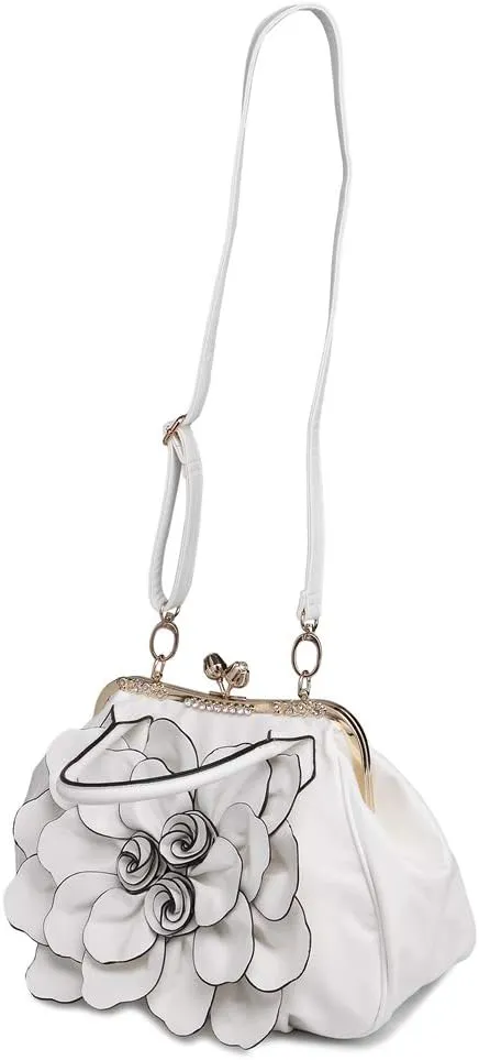 SUNROLAN Women's Handbags 3D Flower Seris Evening Bags PU Leather Rhinestone Crossbody Bag with Detachable Strap