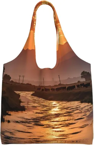 Sunset Pasture Print Creative Design Grocery Shopping Bag 14.2x12.6in Reusable Party Event Bag
