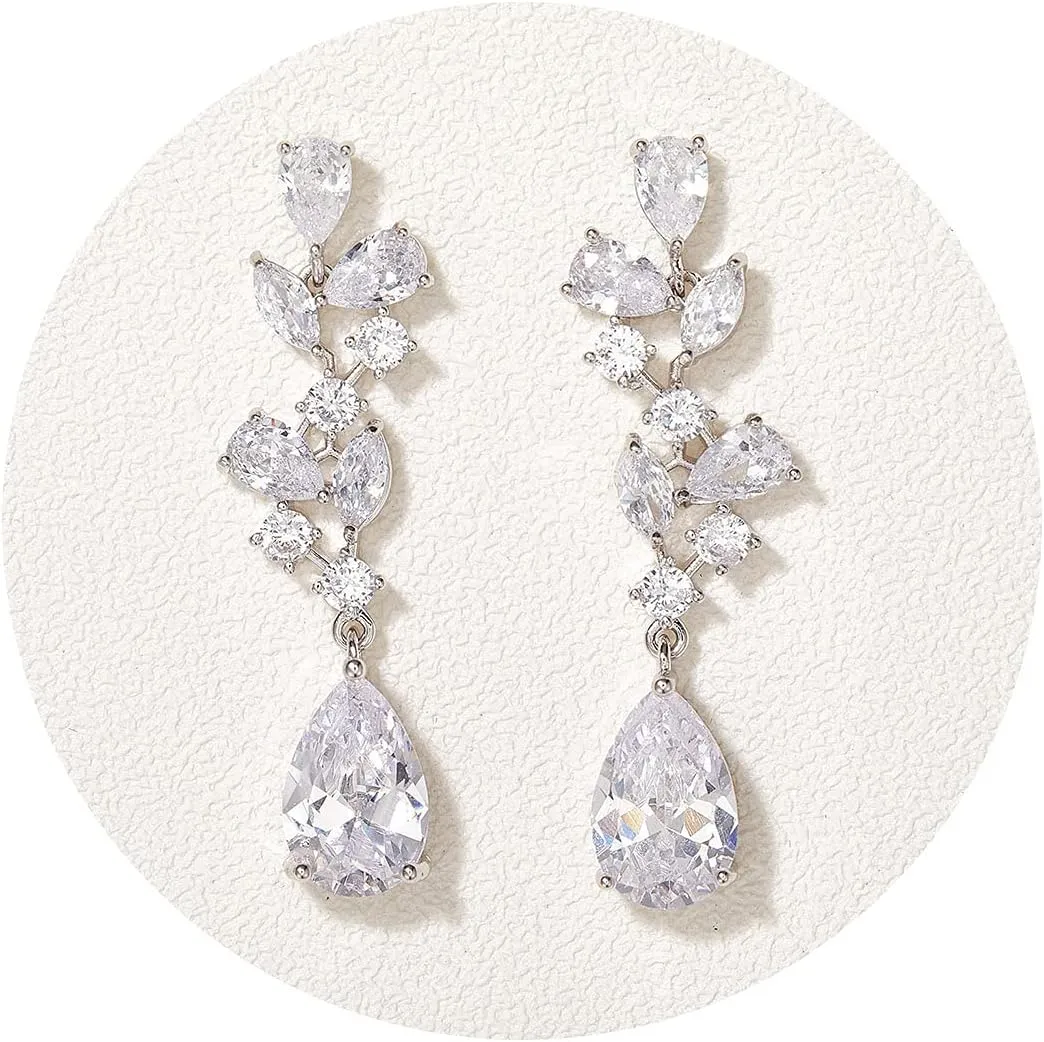 SWEEETV Bridal Wedding Earrings for Brides Bridesmaides-Marquise Teardrop Earrings for Women, Cubic Zirconia Drop and Dangle Earrings for Prom or Pageant,Jewelry