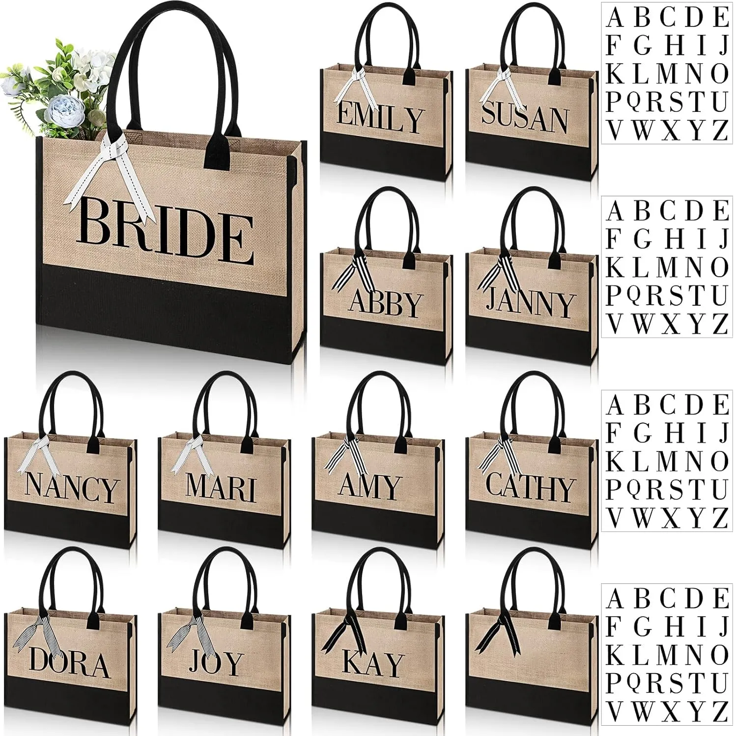 Sweetude Canvas Tote Bag Bulk Initial Tote Bag for Wedding Bridal Shower Bachelorette Party Women DIY Beach Bag with Ribbons