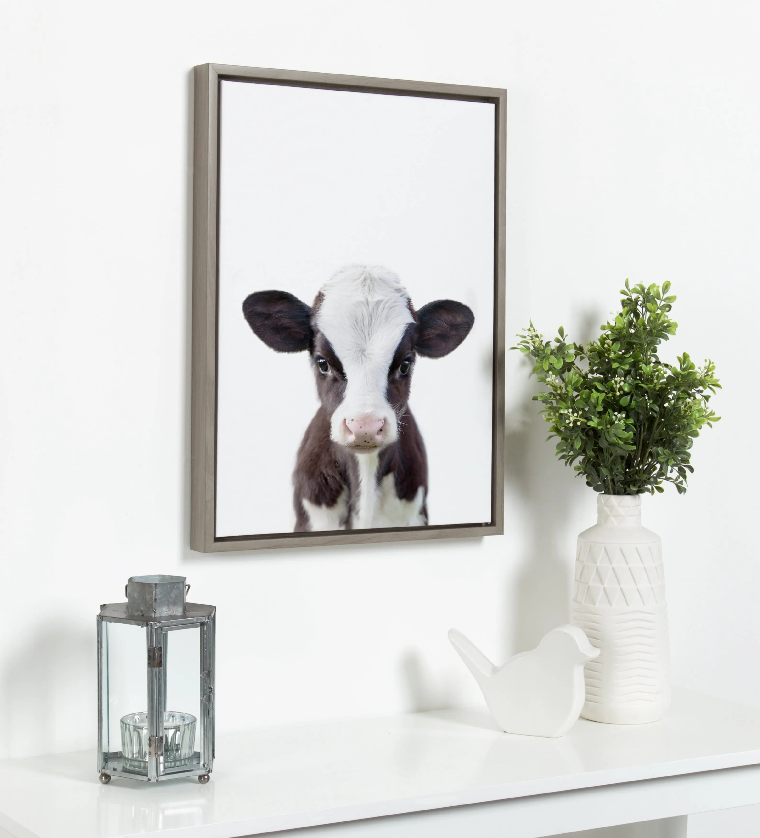 Sylvie Baby Cow Portrait Framed Canvas Wall Art by Amy Peterson, 18X24 Gray, Cute Baby Animal Home Decor for Living Room, Bedroom, or Nursery