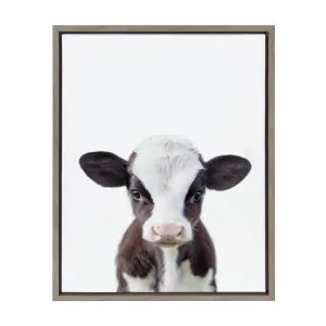 Sylvie Baby Cow Portrait Framed Canvas Wall Art by Amy Peterson, 18X24 Gray, Cute Baby Animal Home Decor for Living Room, Bedroom, or Nursery