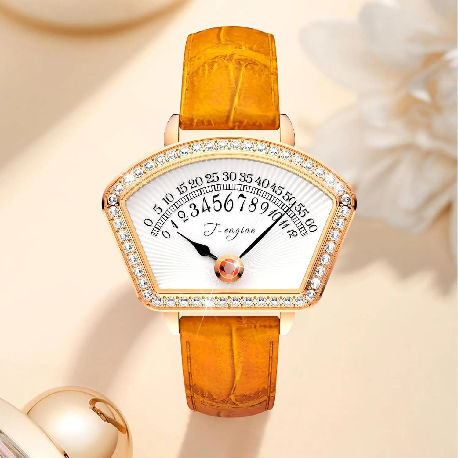 T-ENGINE Wrist Watches for Women,Ladies Quartz Wrist Watches Leather Band,Fan-Shaped Dial Surface Diamond Small Watches for Women ﻿