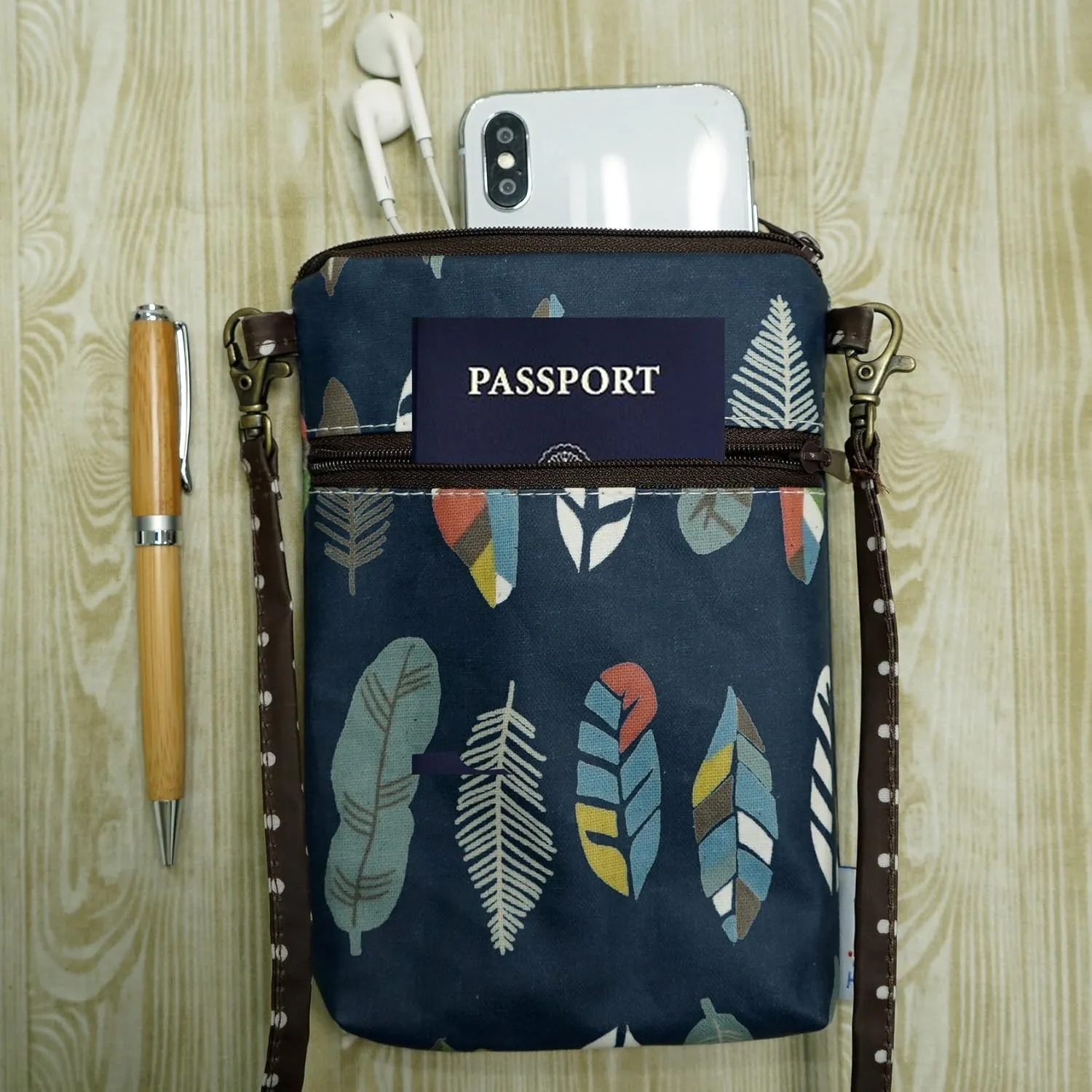 Tainada Women Crossbody Shoulder Travel Zippered Wallet Purse Clutch Phone Bag w/Detachable Strap (Feather Pattern Navy Blue)