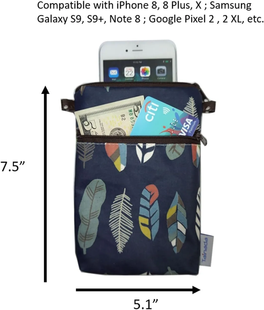 Tainada Women Crossbody Shoulder Travel Zippered Wallet Purse Clutch Phone Bag w/Detachable Strap (Feather Pattern Navy Blue)