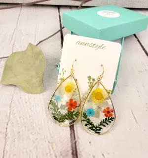 Tear drop  Daisy and Multi Pressed Flower Earrings for her, for gift