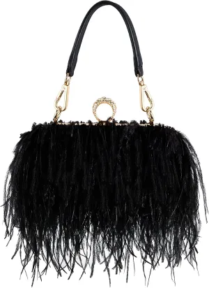 Tessco Women Ostrich Feather Tote Bag Fluffy Purse Clutch Feather Evening Handbag for Wedding