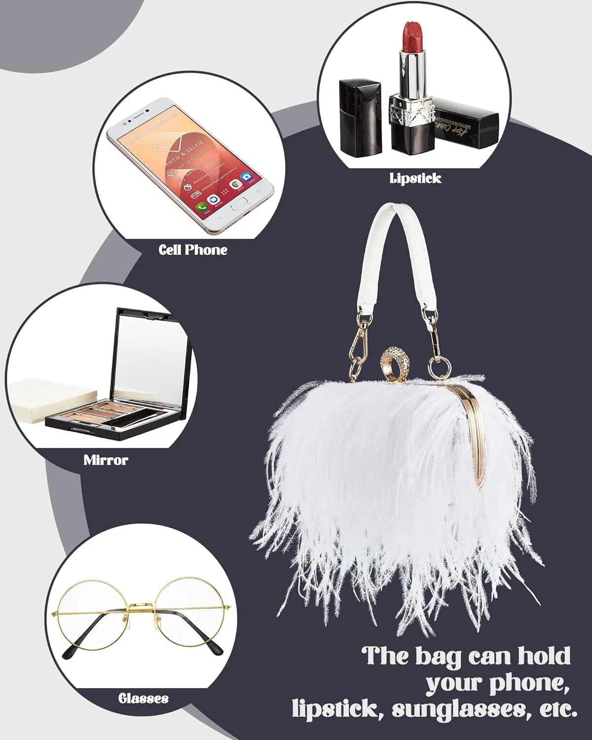 Tessco Women Ostrich Feather Tote Bag Fluffy Purse Clutch Feather Evening Handbag for Wedding