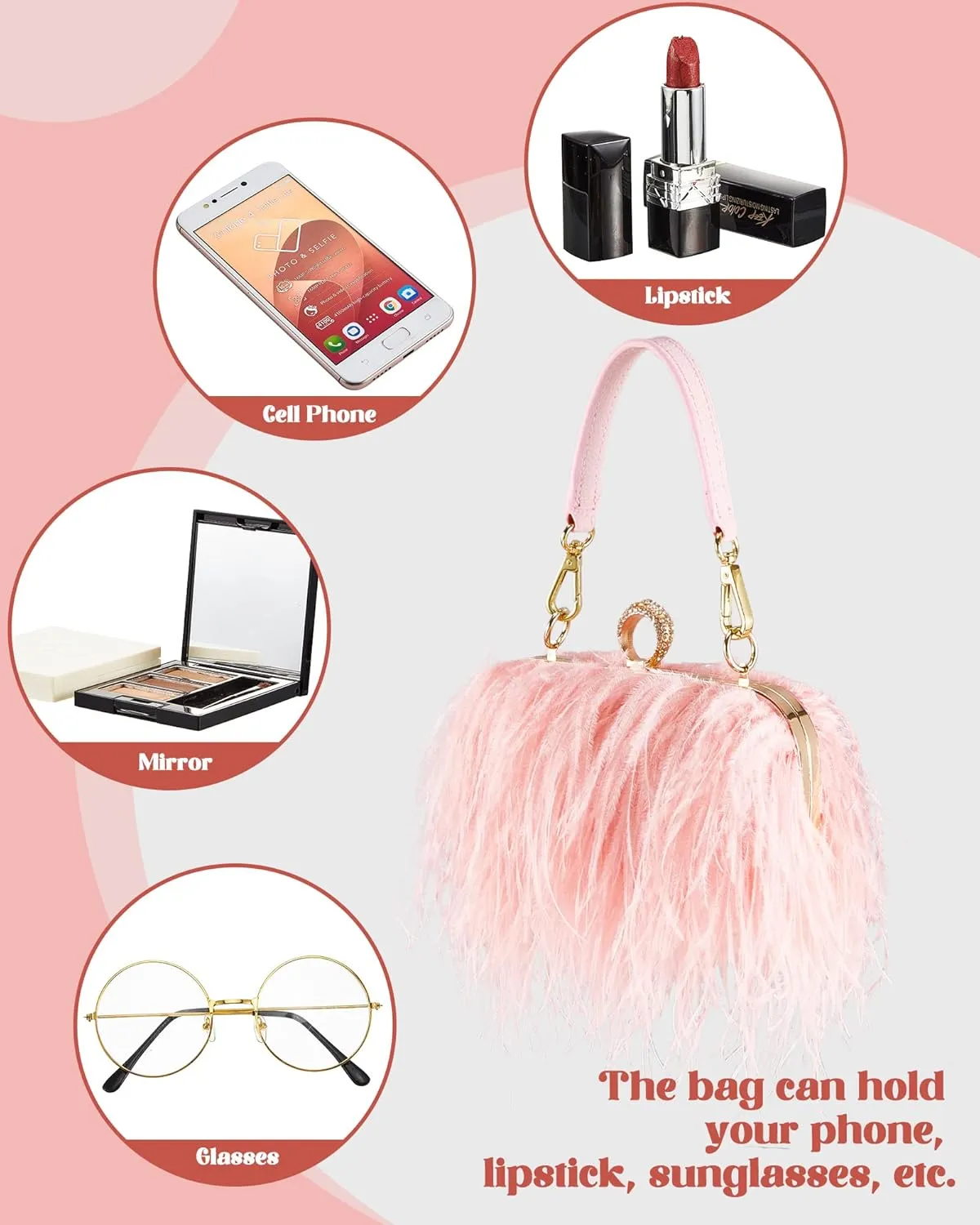 Tessco Women Ostrich Feather Tote Bag Fluffy Purse Clutch Feather Evening Handbag for Wedding