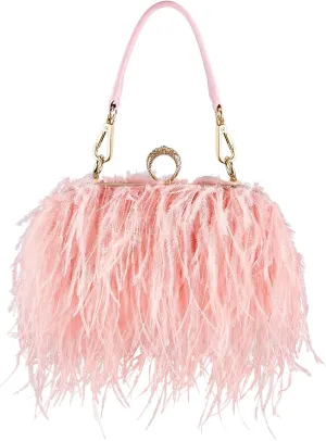 Tessco Women Ostrich Feather Tote Bag Fluffy Purse Clutch Feather Evening Handbag for Wedding
