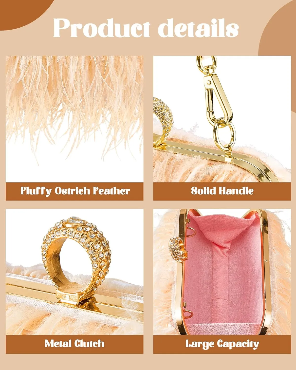 Tessco Women Ostrich Feather Tote Bag Fluffy Purse Clutch Feather Evening Handbag for Wedding