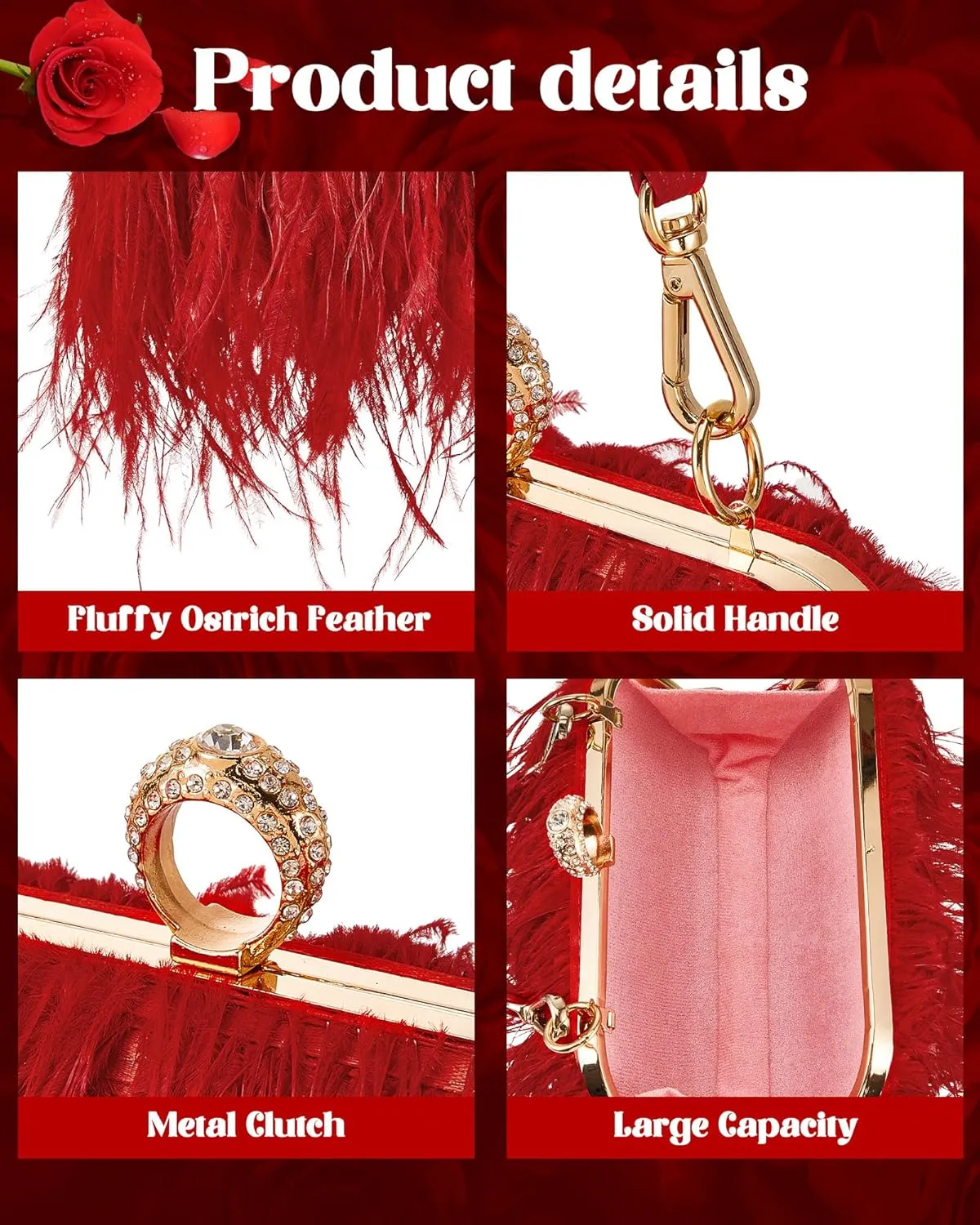 Tessco Women Ostrich Feather Tote Bag Fluffy Purse Clutch Feather Evening Handbag for Wedding