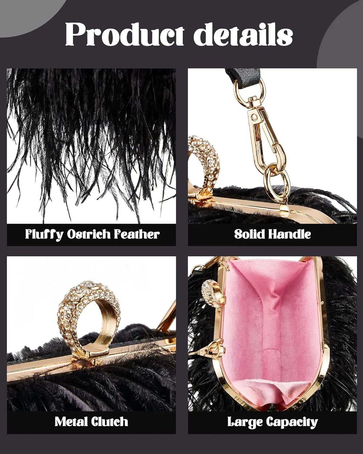 Tessco Women Ostrich Feather Tote Bag Fluffy Purse Clutch Feather Evening Handbag for Wedding