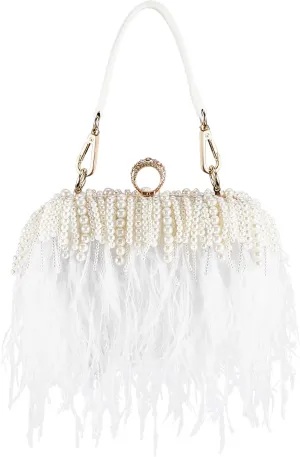Tessco Women Ostrich Feather Tote Bag Fluffy Purse Clutch Feather Evening Handbag for Wedding