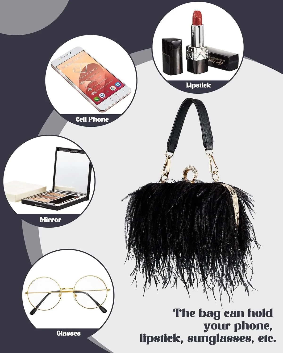Tessco Women Ostrich Feather Tote Bag Fluffy Purse Clutch Feather Evening Handbag for Wedding