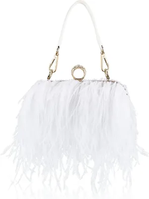 Tessco Women Ostrich Feather Tote Bag Fluffy Purse Clutch Feather Evening Handbag for Wedding