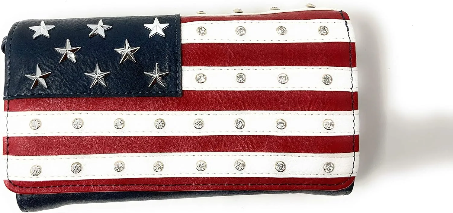 Texas West American Flag Rhinestone Women's Handbags Purse Wallet Set in Multi-Color