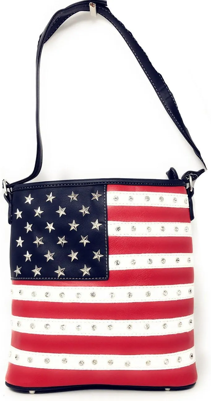 Texas West American Flag Rhinestone Women's Handbags Purse Wallet Set in Multi-Color