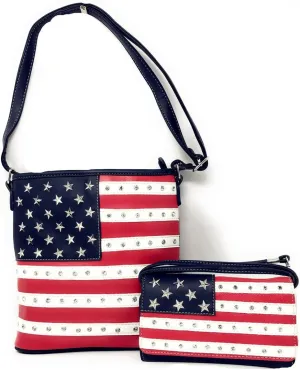 Texas West American Flag Rhinestone Women's Handbags Purse Wallet Set in Multi-Color