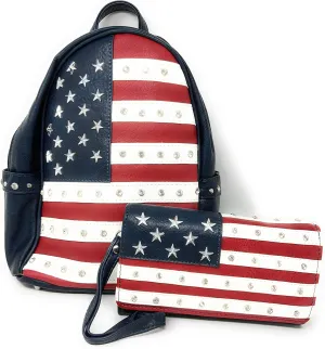 Texas West American Flag Rhinestone Women's Handbags Purse Wallet Set in Multi-Color