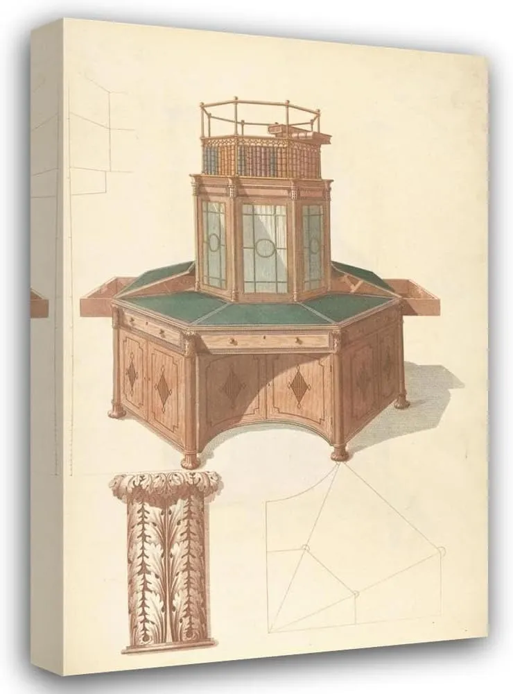 Thomas Sheraton 13x18 Gallery Wrapped Canvas Museum Art Print Titled: Octagonal Writing Cabinet and Bookcase (1805-1806)