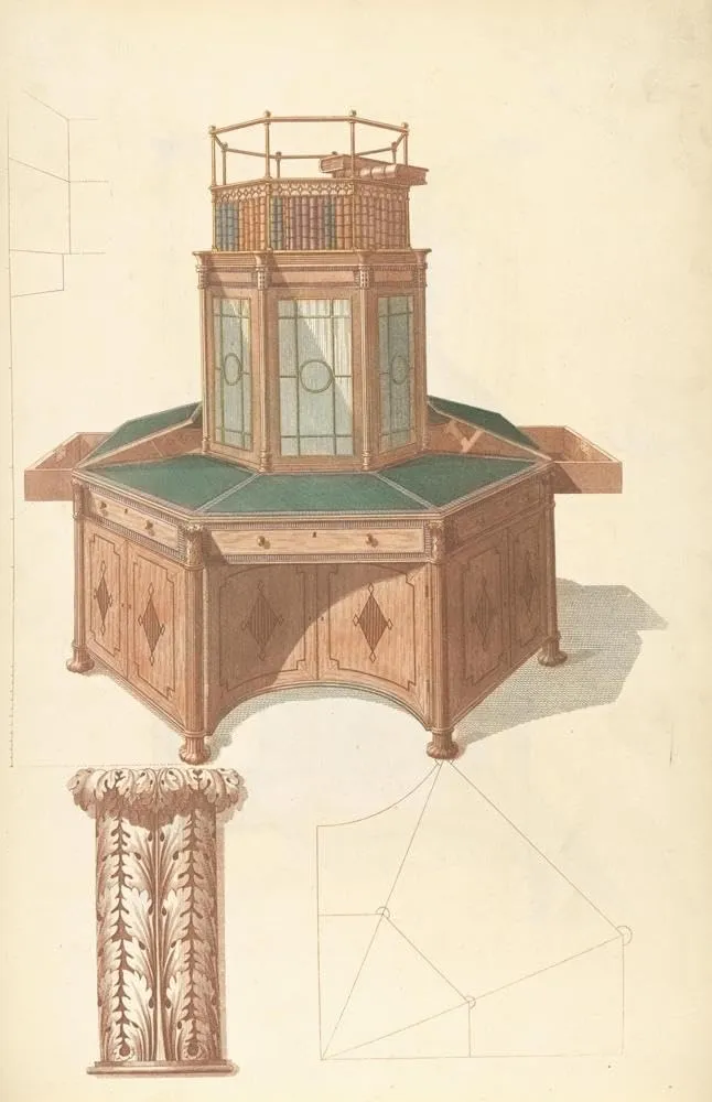 Thomas Sheraton 13x18 Gallery Wrapped Canvas Museum Art Print Titled: Octagonal Writing Cabinet and Bookcase (1805-1806)