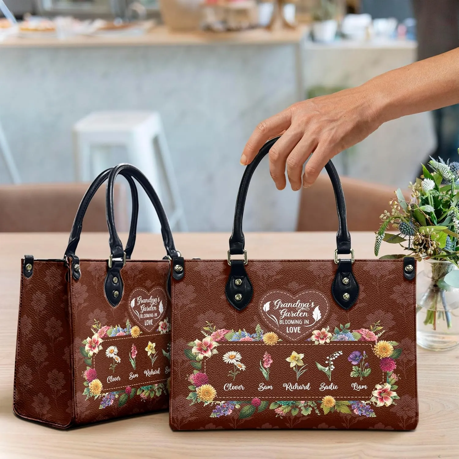 THUYPT Personalized Birth Flower Leather Bag for Mom, Mom Leather Handbag with Ziplock, Gift for Mom, Grandma, Women Leather Handbag, Mother's Day Gifts (11)