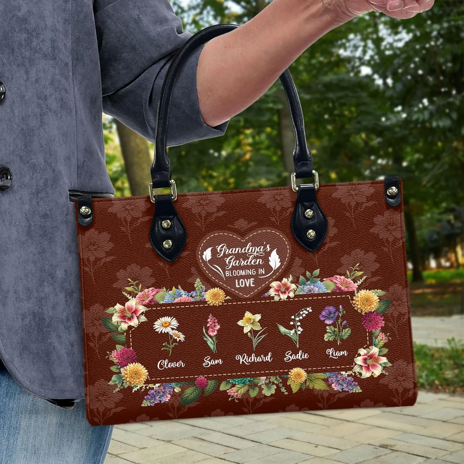 THUYPT Personalized Birth Flower Leather Bag for Mom, Mom Leather Handbag with Ziplock, Gift for Mom, Grandma, Women Leather Handbag, Mother's Day Gifts (11)