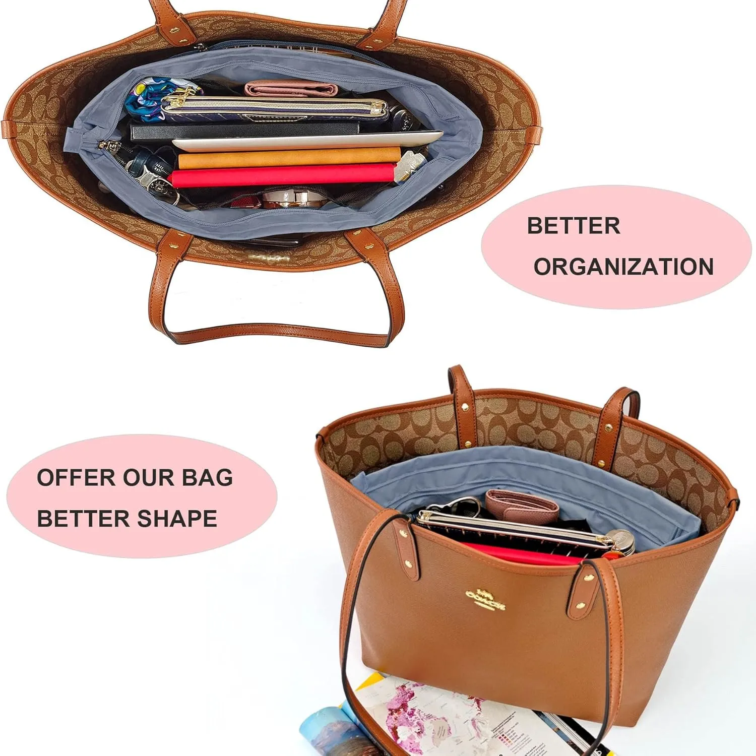 Time Wing Handbag Tote Purse Organizer Insert Bag Liner Shaper Divider Zipper 11 Pockets Compartments Large Grey