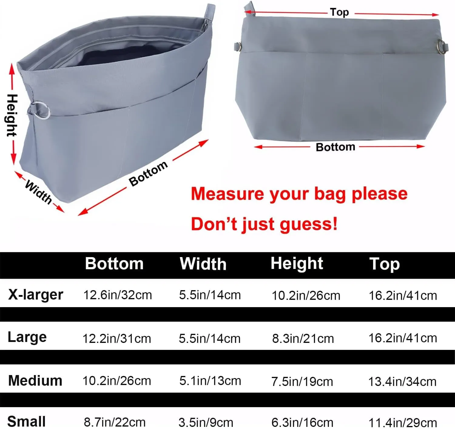 Time Wing Handbag Tote Purse Organizer Insert Bag Liner Shaper Divider Zipper 11 Pockets Compartments Large Grey