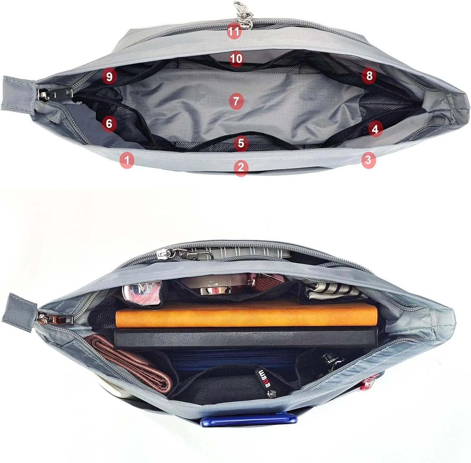 Time Wing Handbag Tote Purse Organizer Insert Bag Liner Shaper Divider Zipper 11 Pockets Compartments Large Grey