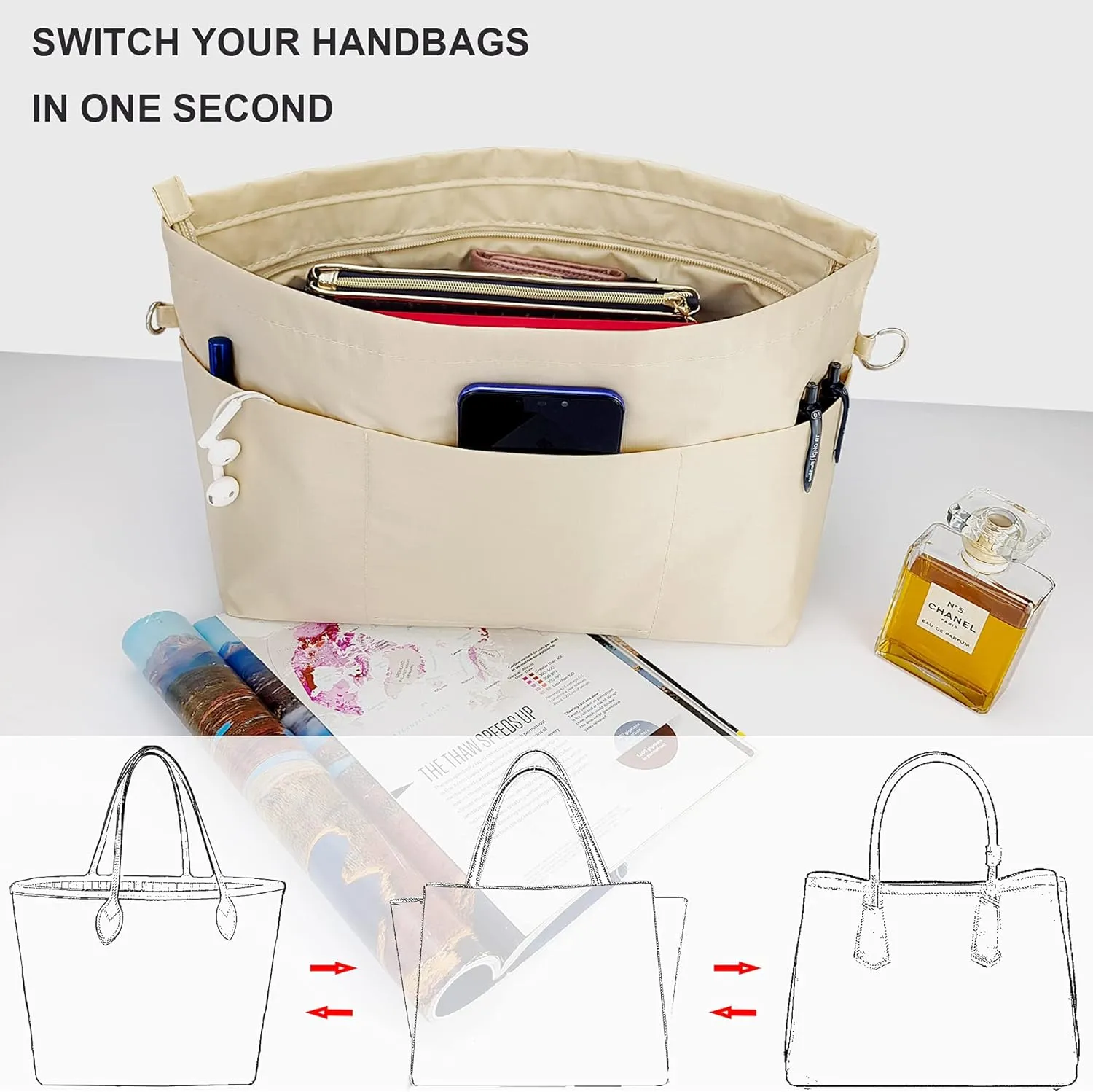 Time Wing Handbag Tote Purse Organizer Insert Bag Liner Shaper Divider Zipper 11 Pockets Compartments Medium Beige