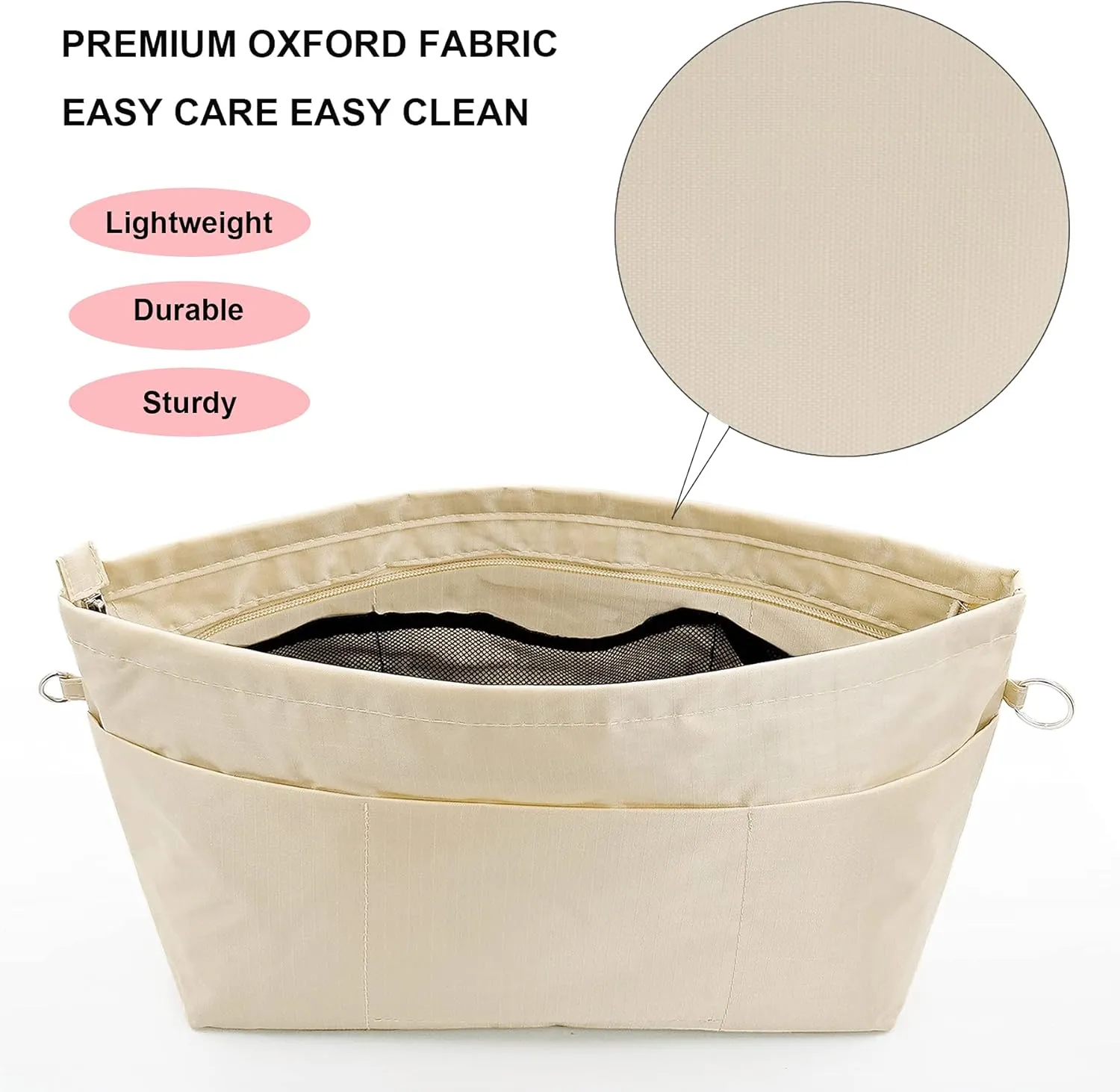 Time Wing Handbag Tote Purse Organizer Insert Bag Liner Shaper Divider Zipper 11 Pockets Compartments Medium Beige