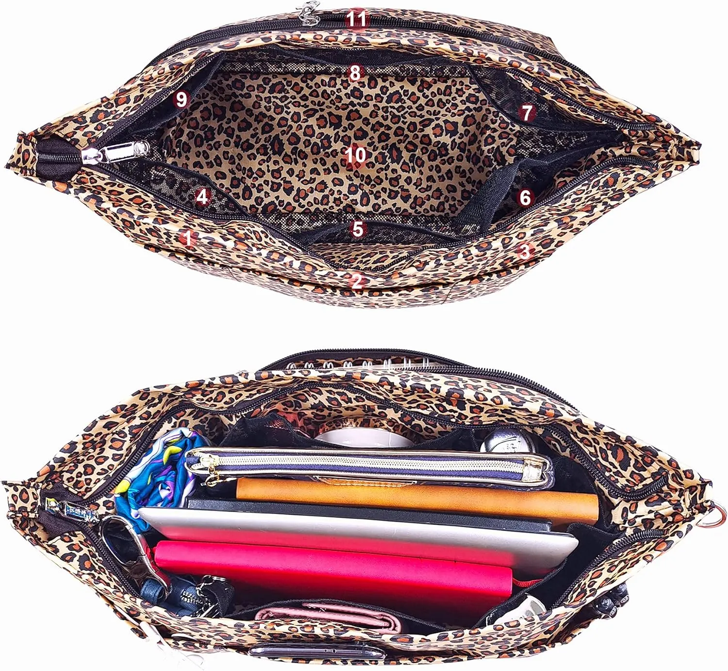 Time Wing Handbag Tote Purse Organizer Insert Bag Liner Shaper Divider Zipper 11 Pockets Compartments Medium Leopard