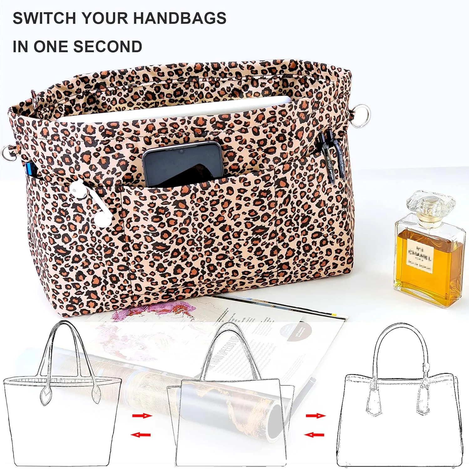 Time Wing Handbag Tote Purse Organizer Insert Bag Liner Shaper Divider Zipper 11 Pockets Compartments Medium Leopard
