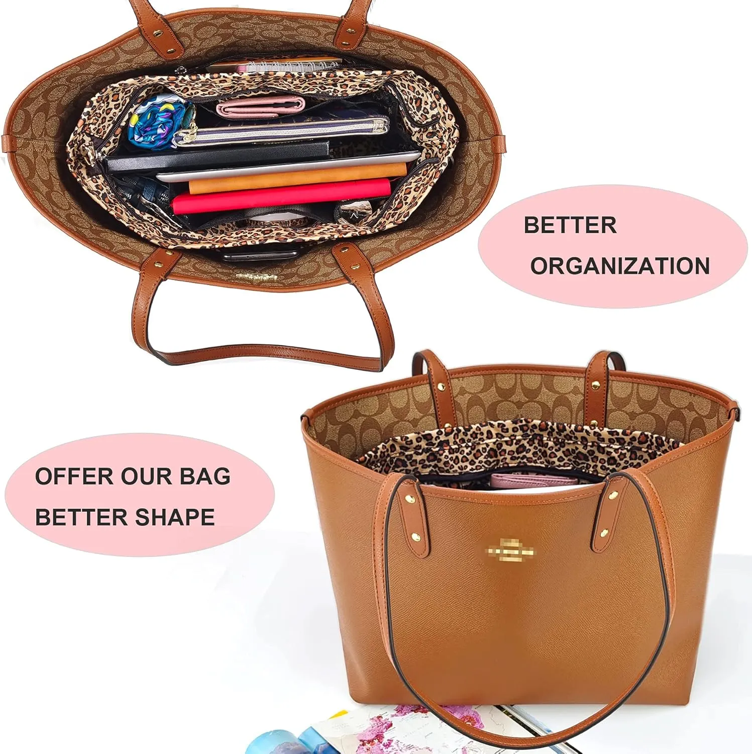 Time Wing Handbag Tote Purse Organizer Insert Bag Liner Shaper Divider Zipper 11 Pockets Compartments Medium Leopard