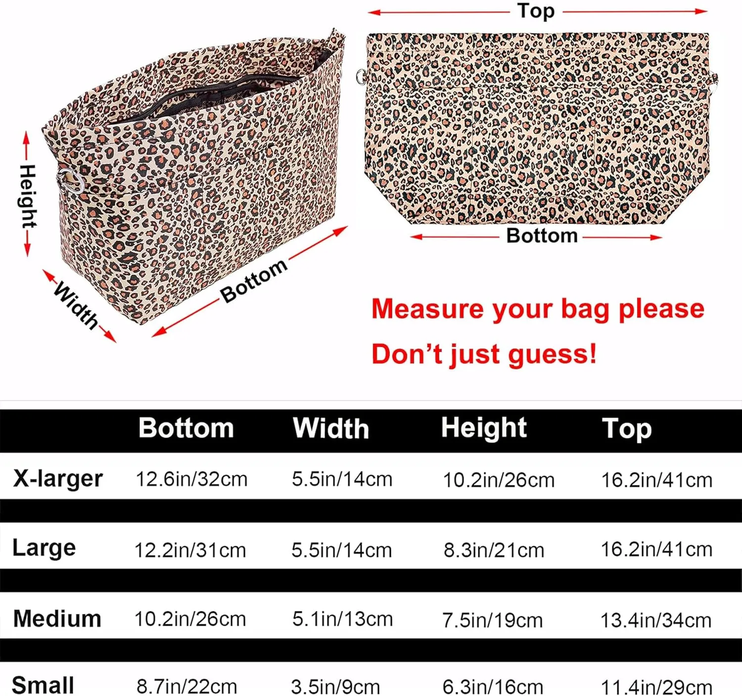 Time Wing Handbag Tote Purse Organizer Insert Bag Liner Shaper Divider Zipper 11 Pockets Compartments Medium Leopard