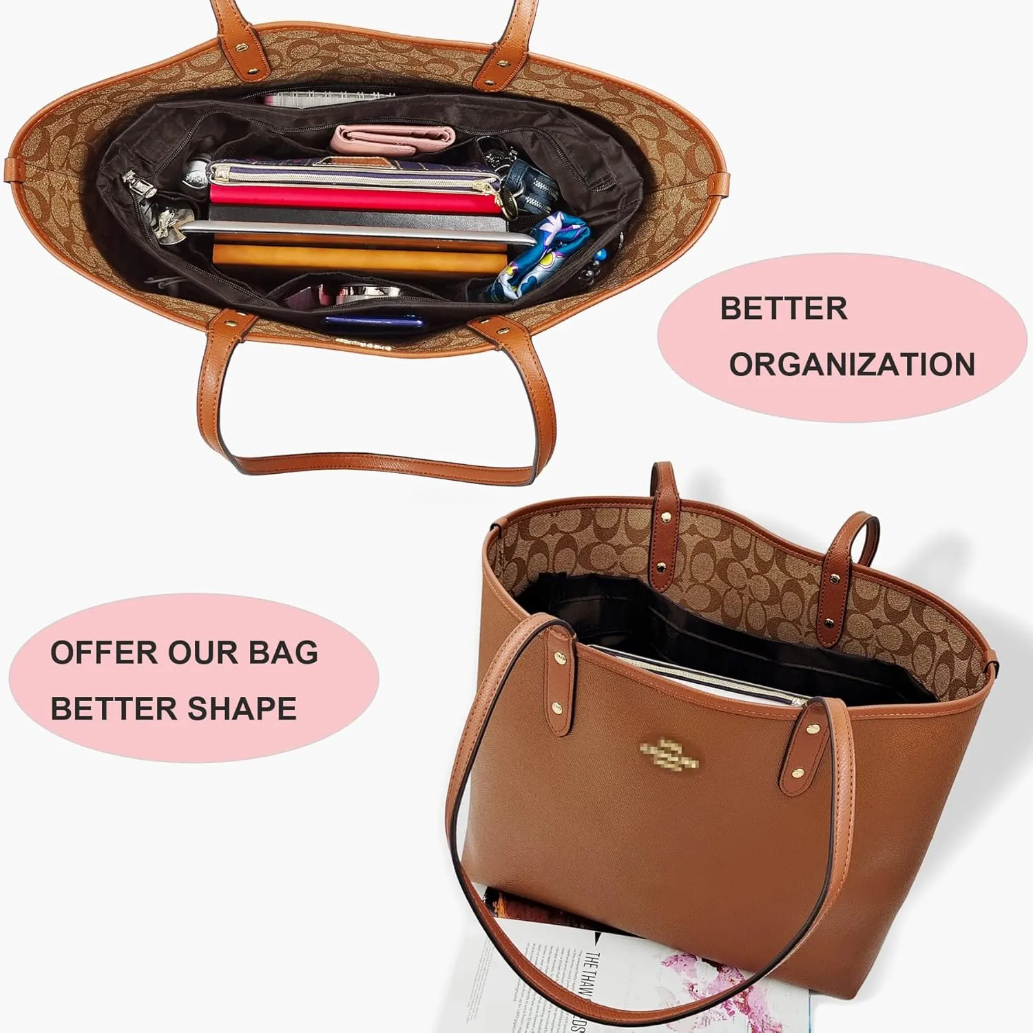 Time Wing Handbag Tote Purse Organizer Insert Bag Liner Shaper Divider Zipper 11 Pockets Compartments Small Coffee